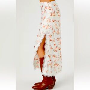 Forever 21 long satin floral skirt with lace trim